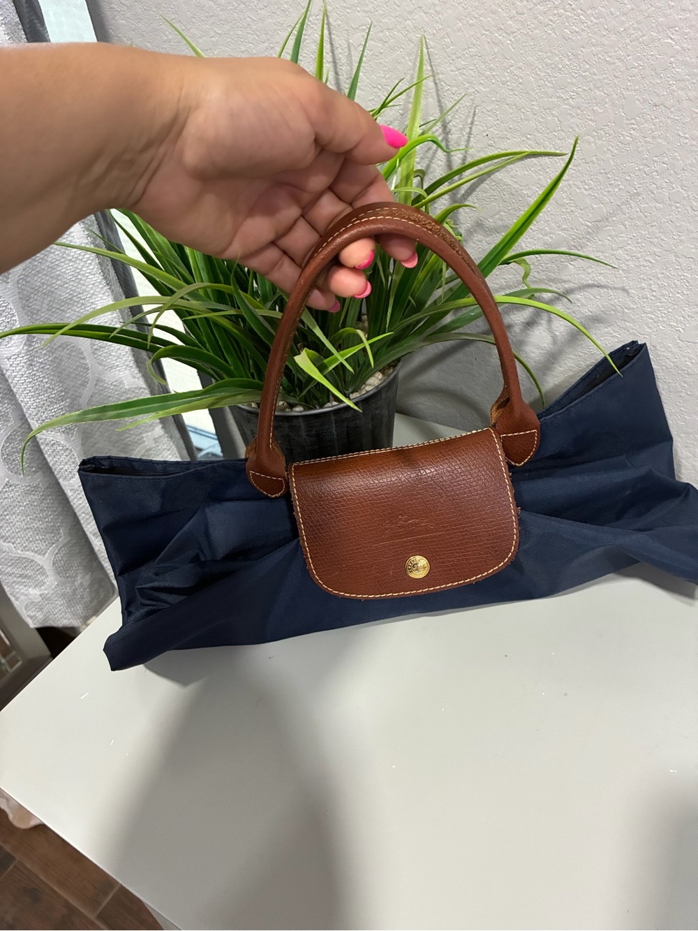 Longchamp Navy Tote with Brown Leather Flap & Handles